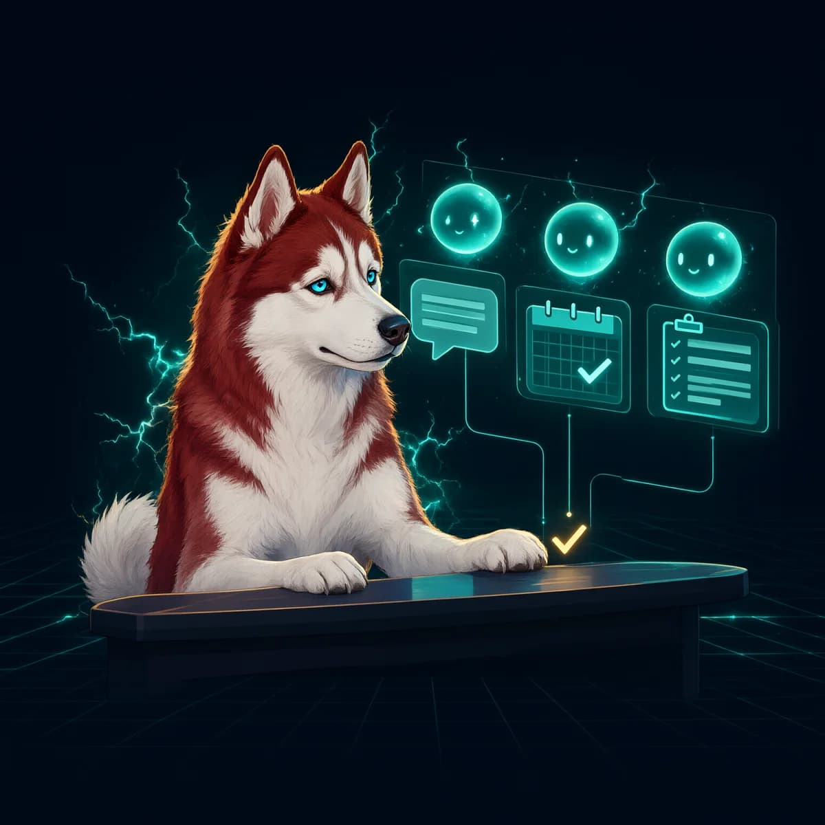 Illustrated HuskyTail husky at a desk reviewing the work of three friendly AI agents handling a lead reply, a follow-up calendar and an admin checklist