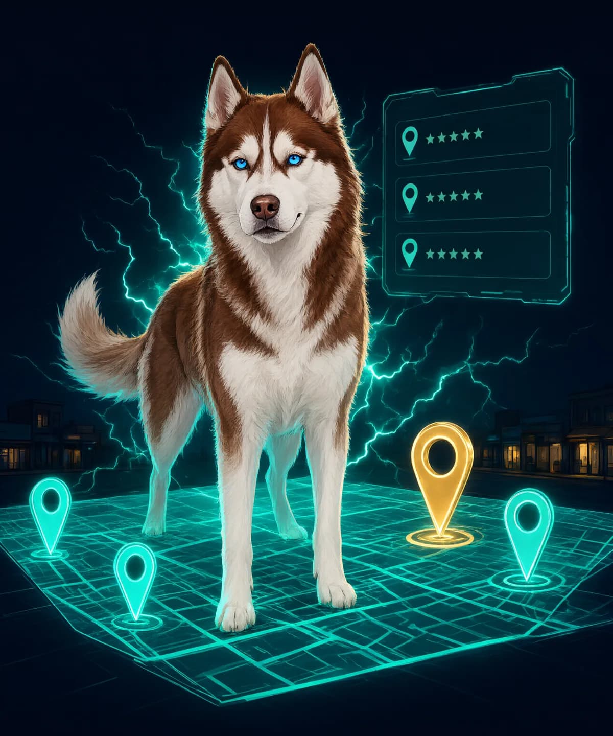 Everest the HuskyTail husky standing on a glowing map with local search pins and ratings